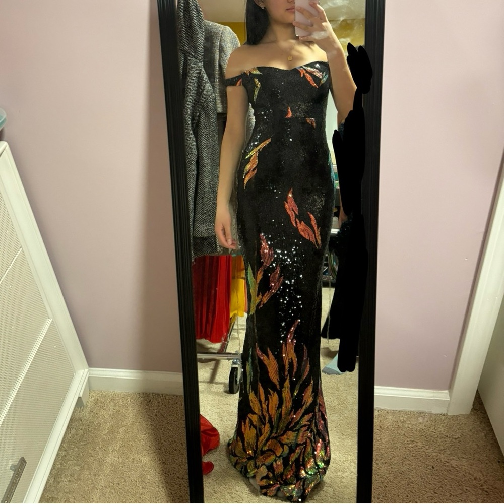 Elegant Black Off-Shoulder Gown with Colorful Accents